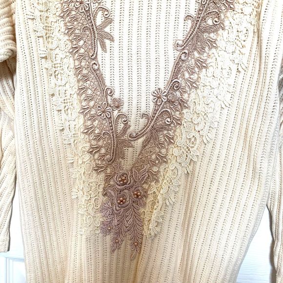 Mexico Vintage Beaded Silk Embroidery and Lace Adorned Sweater Cotton Blend 90s - Picture 6 of 8
